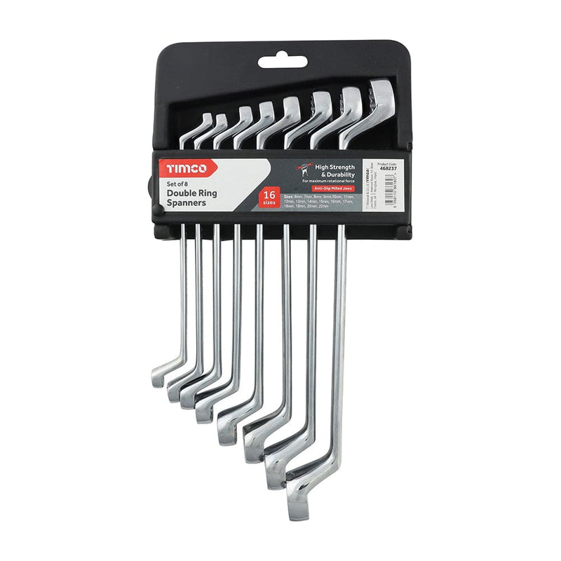 TIMCO Hand Tools Timco Double Ring Spanner Set - Metric Drop Forged Chrome Vanadium, 6Mm To 22Mm - 8 Pieces - Pack Qty - 1 Ea