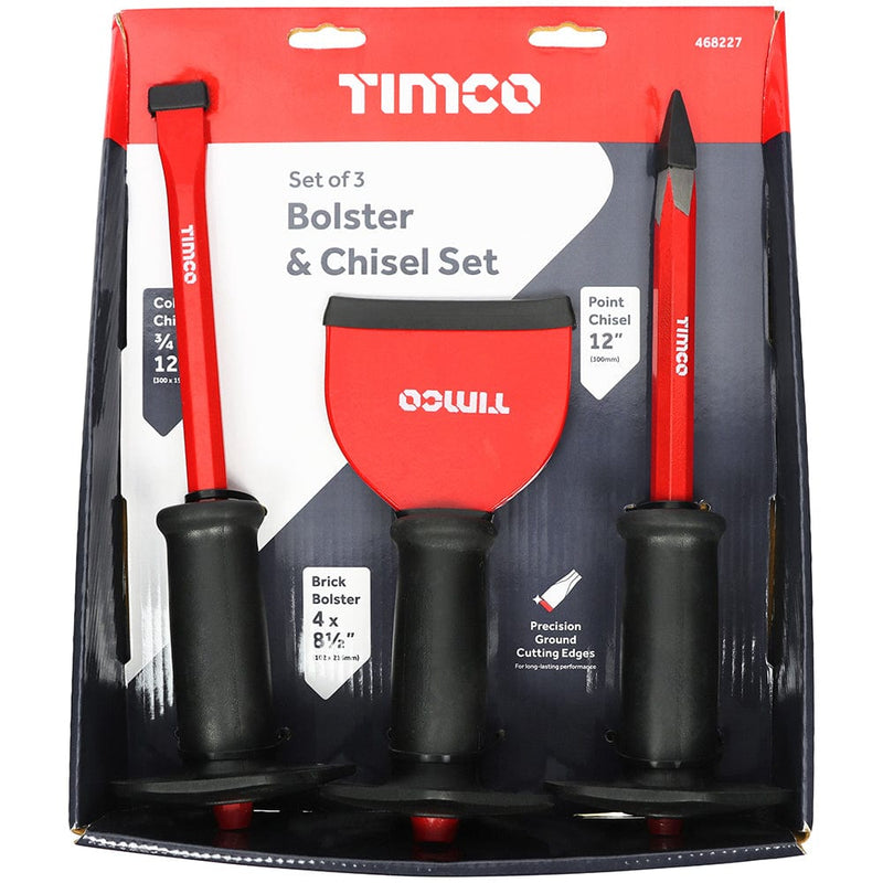 TIMCO Hand Tools Timco Mixed Bolster And Chisel Set, Cold Chisel, Masonry Bolster, Point Chisel - 3 Pieces - Pack Qty - 1 Ea