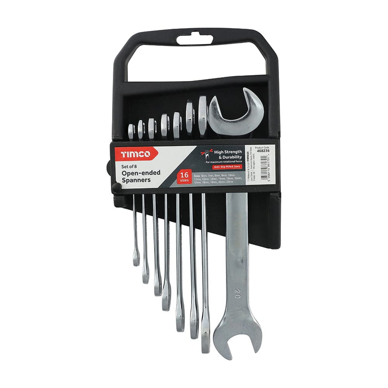 TIMCO Hand Tools Timco Open Ended Spanner Set - Metric Drop Forged Chrome Vanadium, 6Mm To 22Mm - 8 Pieces - Pack Qty - 1 Ea