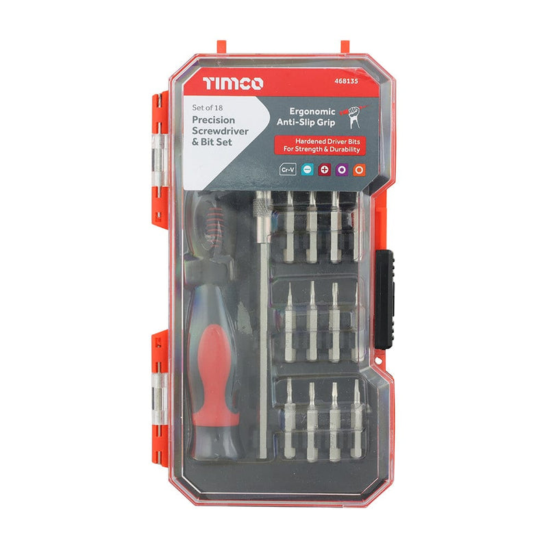 TIMCO Hand Tools Timco Precision Srewdriver And Bit Set, Premium Soft Grip Handle With Interchangable Driver Bits For Multiple Intricate Fastener Applications In A Hard Plastic Case - 18 Pieces - Pack Qty - 1 Ea