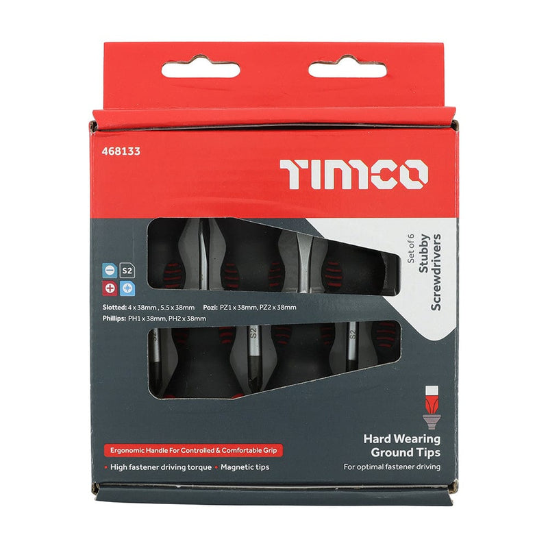 TIMCO Hand Tools Timco Stubby Screwdriver Set, Slotted, Phillips And Pozi Drive Screwdrivers With Magnetic Tips, Ergonomic Anti-Slip Handle - 6 Pieces - Pack Qty - 1 Ea