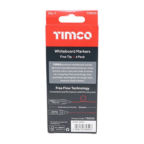 TIMCO Hand Tools TIMCO Whiteboard Markers Fine Tip Mixed Colours - Fine Tip Four Pack