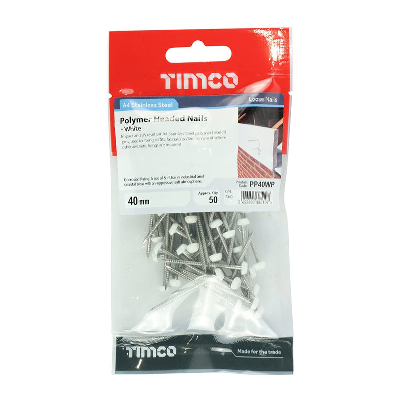 TIMCO Nails 40mm / 50 TIMCO Polymer Headed Pins A4 Stainless Steel White