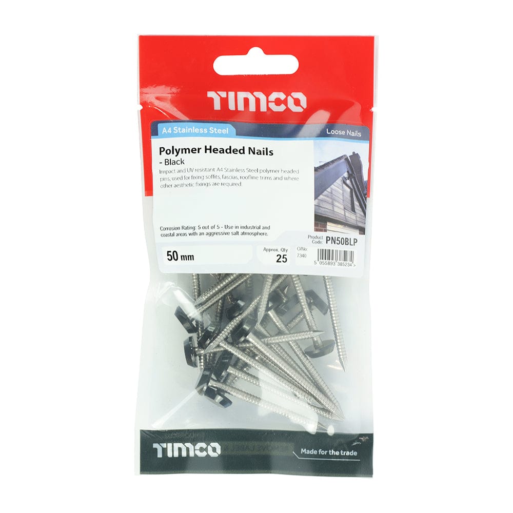 Timco Polymer Headed Nails A4 Stainless Steel Black - 50Mm - Pack Qty - 25 Pcs