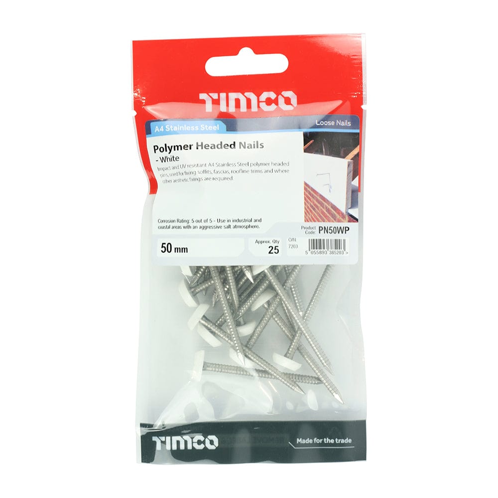 Timco Polymer Headed Nails A4 Stainless Steel White - 50Mm - Pack Qty - 25 Pcs