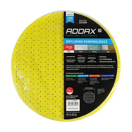 Timco Drylining Sanding Discs 100 Grit Yellow - 225Mm - Pack Qty - 25 Pcs