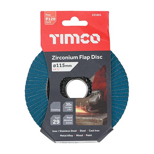 TIMCO Powertool Accessories TIMCO Flap Disc Zirconium Type 29 Conical P120 Grit - 115 x 22.23
