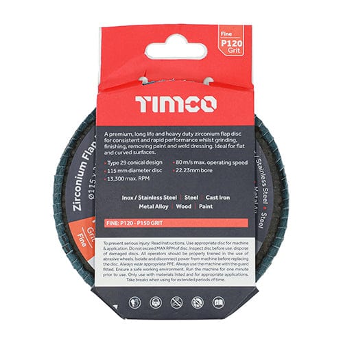 TIMCO Powertool Accessories TIMCO Flap Disc Zirconium Type 29 Conical P120 Grit - 115 x 22.23