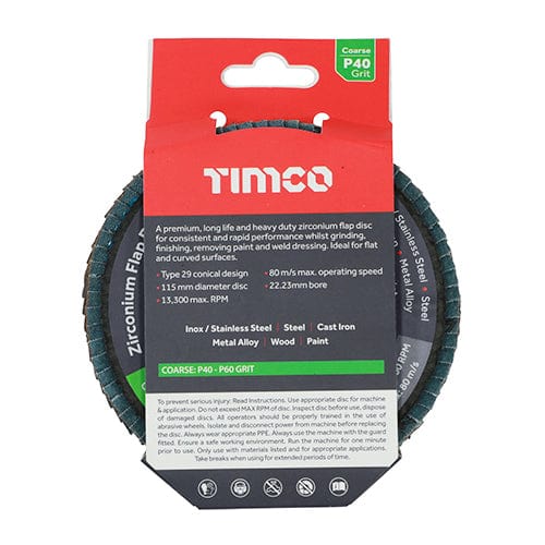 TIMCO Powertool Accessories TIMCO Flap Disc Zirconium Type 29 Conical P40 Grit - 115 x 22.23