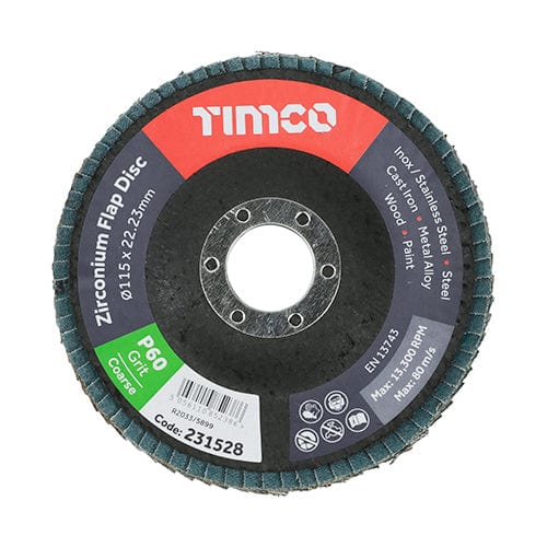 TIMCO Powertool Accessories TIMCO Flap Disc Zirconium Type 29 Conical P60 Grit - 115 x 22.23