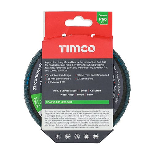 TIMCO Powertool Accessories TIMCO Flap Disc Zirconium Type 29 Conical P60 Grit - 115 x 22.23