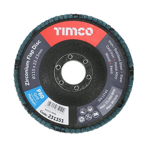 TIMCO Powertool Accessories TIMCO Flap Disc Zirconium Type 29 Conical P80 Grit - 115 x 22.23