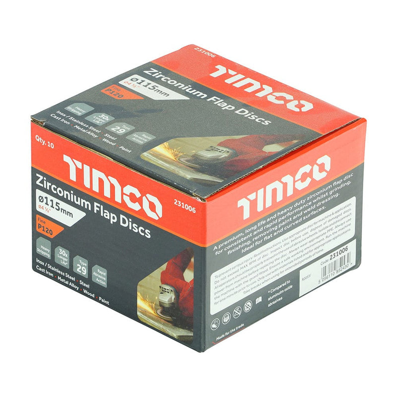 TIMCO Powertool Accessories TIMCO Set of Flap Discs Zirconium Type 29 Conical P120 Grit - 115 x 22.23