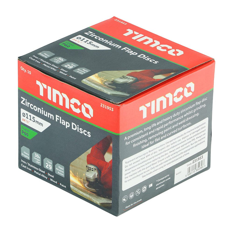 TIMCO Powertool Accessories TIMCO Set of Flap Discs Zirconium Type 29 Conical P60 Grit - 115 x 22.23