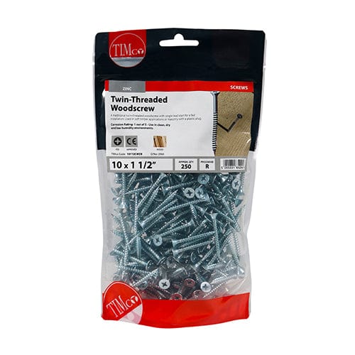TIMCO Screws 10 x 1 1/2 / 250 / TIMbag TIMCO Twin-Threaded Countersunk Silver Woodscrews