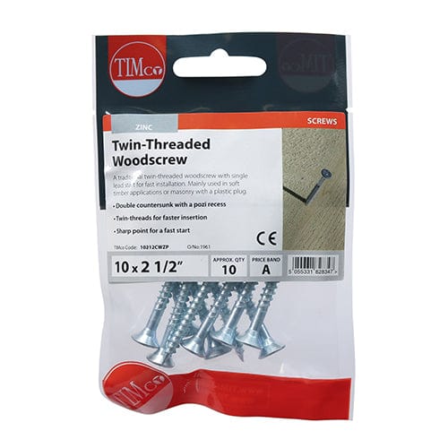 TIMCO Screws 10 x 2 1/2 / 10 / TIMpac TIMCO Twin-Threaded Countersunk Silver Woodscrews