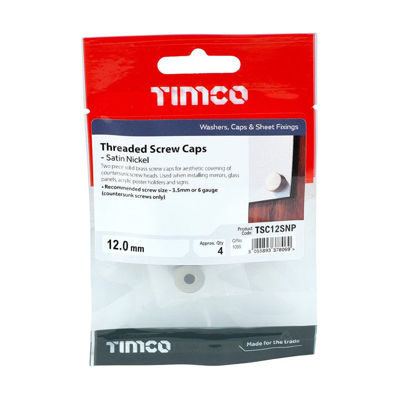 TIMCO Screws 12mm TIMCO Threaded Screw Caps Solid Brass Satin Nickel