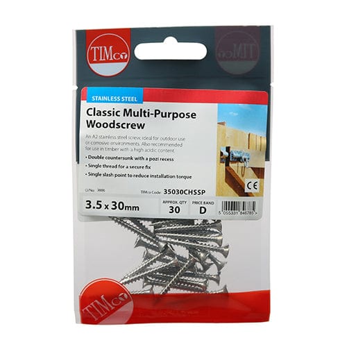 TIMCO Screws 3.5 x 30 / 30 TIMCO Classic Multi-Purpose Countersunk A2 Stainless Steel Woodcrews