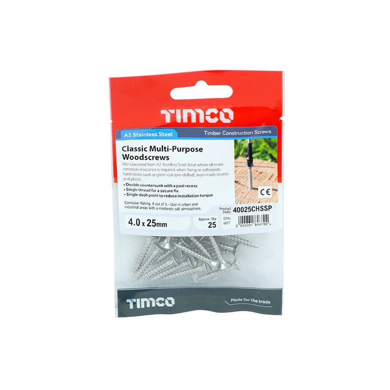 TIMCO Screws 4.0 x 25 / 25 TIMCO Classic Multi-Purpose Countersunk A2 Stainless Steel Woodcrews
