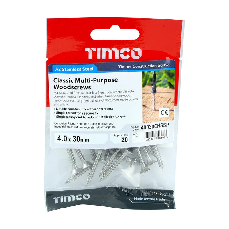 TIMCO Screws 4.0 x 30 / 20 TIMCO Classic Multi-Purpose Countersunk A2 Stainless Steel Woodcrews