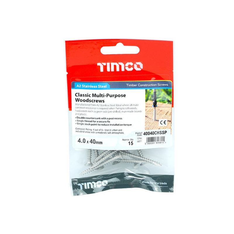 TIMCO Screws 4.0 x 40 / 15 TIMCO Classic Multi-Purpose Countersunk A2 Stainless Steel Woodcrews