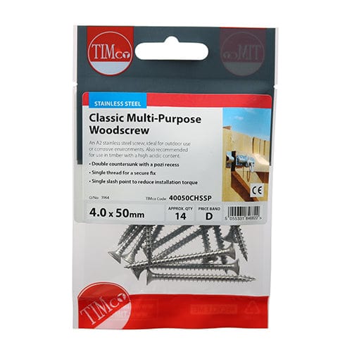 TIMCO Screws 4.0 x 50 / 14 TIMCO Classic Multi-Purpose Countersunk A2 Stainless Steel Woodcrews