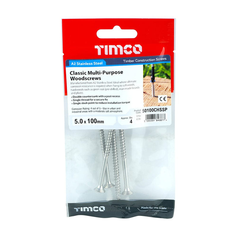 TIMCO Screws 5.0 x 100 / 4 TIMCO Classic Multi-Purpose Countersunk A2 Stainless Steel Woodcrews