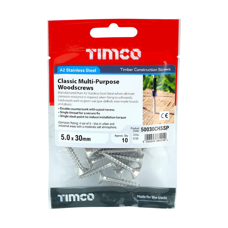 TIMCO Screws 5.0 x 30 / 10 TIMCO Classic Multi-Purpose Countersunk A2 Stainless Steel Woodcrews