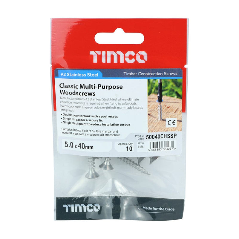 TIMCO Screws 5.0 x 40 / 10 TIMCO Classic Multi-Purpose Countersunk A2 Stainless Steel Woodcrews