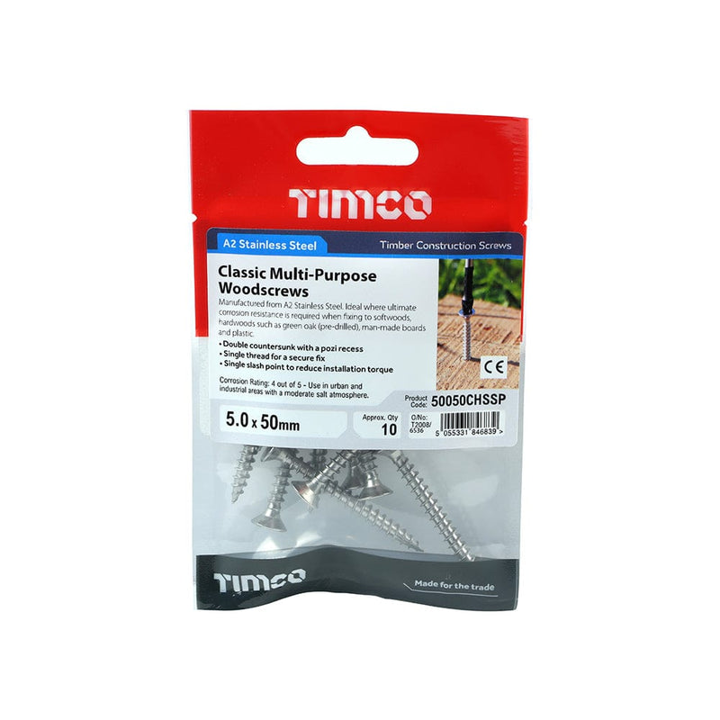 TIMCO Screws 5.0 x 50 / 10 TIMCO Classic Multi-Purpose Countersunk A2 Stainless Steel Woodcrews