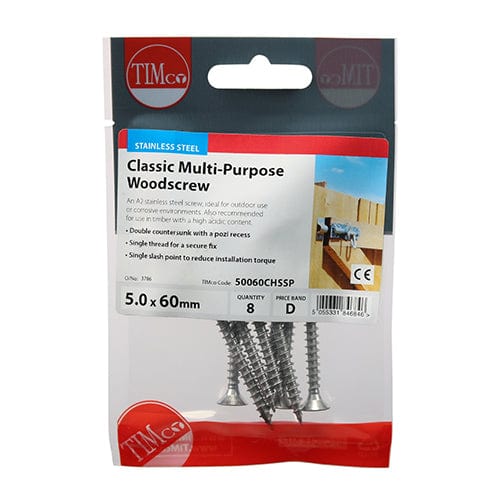 TIMCO Screws 5.0 x 60 / 8 TIMCO Classic Multi-Purpose Countersunk A2 Stainless Steel Woodcrews