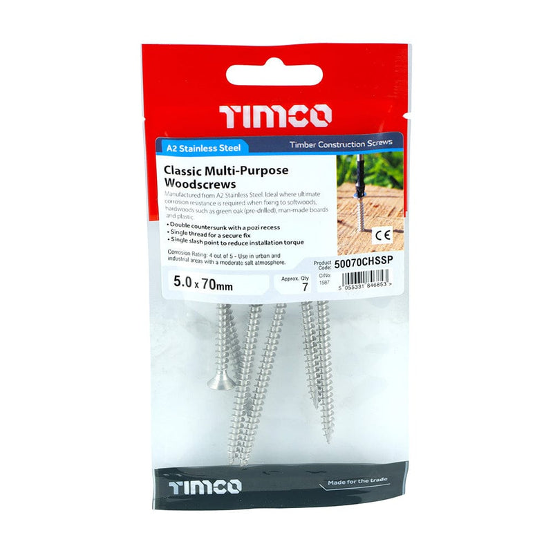 TIMCO Screws 5.0 x 70 / 7 TIMCO Classic Multi-Purpose Countersunk A2 Stainless Steel Woodcrews