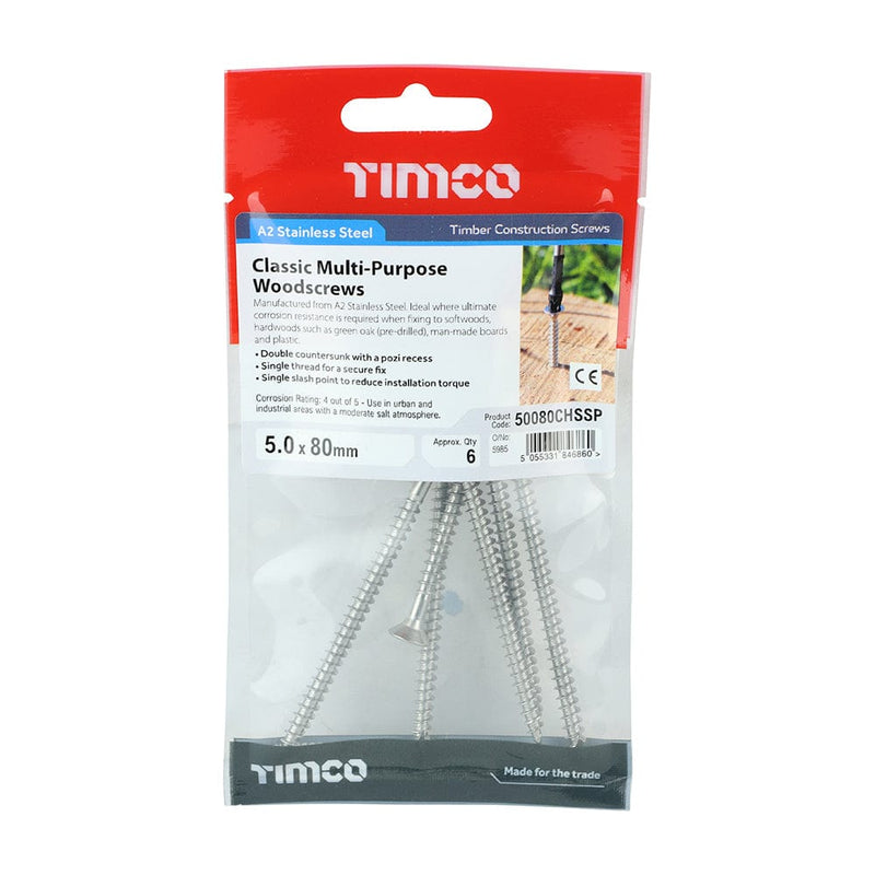 TIMCO Screws 5.0 x 80 / 6 TIMCO Classic Multi-Purpose Countersunk A2 Stainless Steel Woodcrews