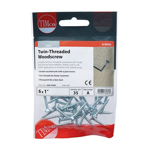 TIMCO Screws 6 x 1 / 35 / TIMpac TIMCO Twin-Threaded Countersunk Silver Woodscrews