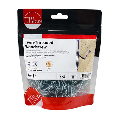 TIMCO Screws 6 x 1 / 500 / TIMbag TIMCO Twin-Threaded Countersunk Silver Woodscrews