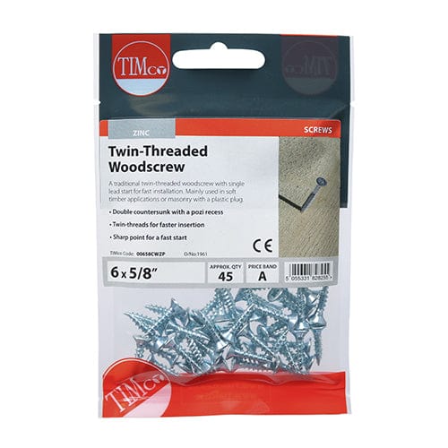 TIMCO Screws 6 x 5/8 / 45 / TIMpac TIMCO Twin-Threaded Countersunk Silver Woodscrews