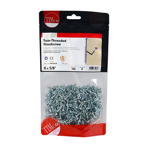 TIMCO Screws 6 x 5/8 / 700 / TIMbag TIMCO Twin-Threaded Countersunk Silver Woodscrews
