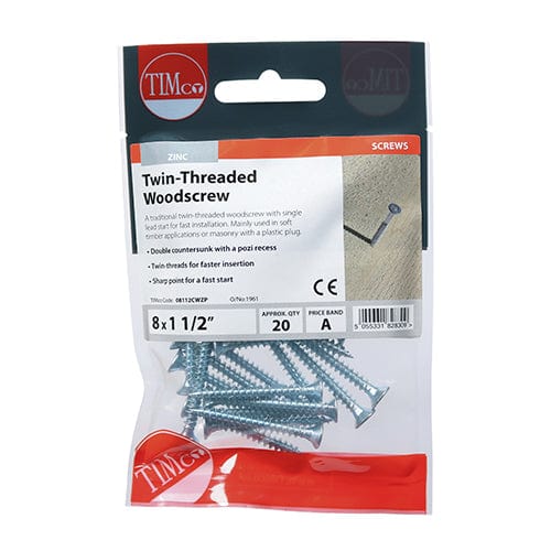 TIMCO Screws 8 x 1 1/2 / 20 / TIMpac TIMCO Twin-Threaded Countersunk Silver Woodscrews