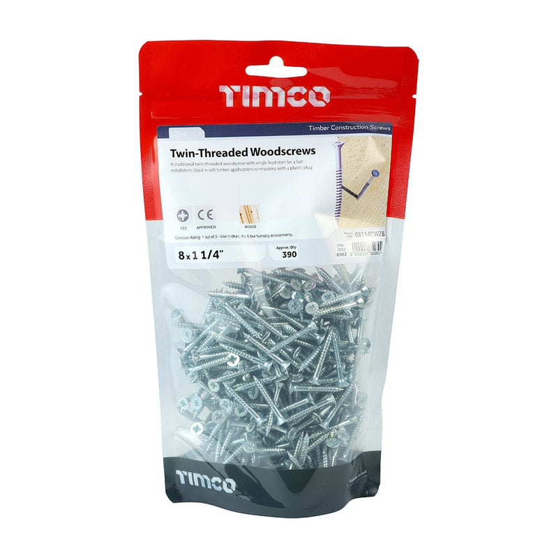 TIMCO Screws 8 x 1 1/4 / 390 / TIMbag TIMCO Twin-Threaded Countersunk Silver Woodscrews