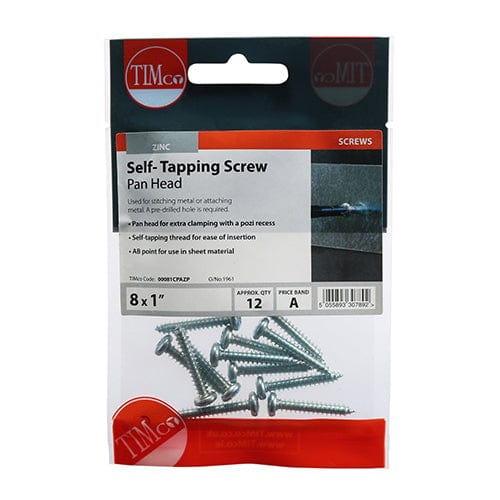TIMCO Screws 8 x 1 / 12 TIMCO Self-Tapping Pan Head Silver Screws