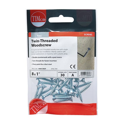 TIMCO Screws 8 x 1 / 30 / TIMpac TIMCO Twin-Threaded Countersunk Silver Woodscrews