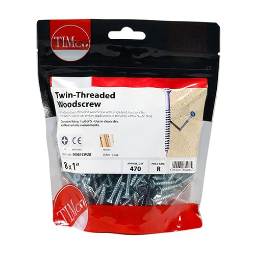 TIMCO Screws 8 x 1 / 470 / TIMbag TIMCO Twin-Threaded Countersunk Silver Woodscrews