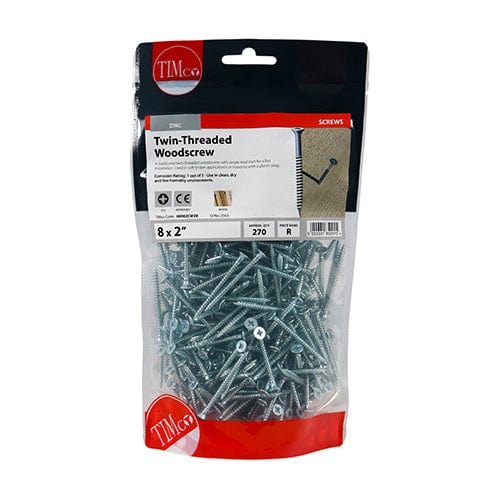 TIMCO Screws 8 x 2 / 270 / TIMbag TIMCO Twin-Threaded Countersunk Silver Woodscrews