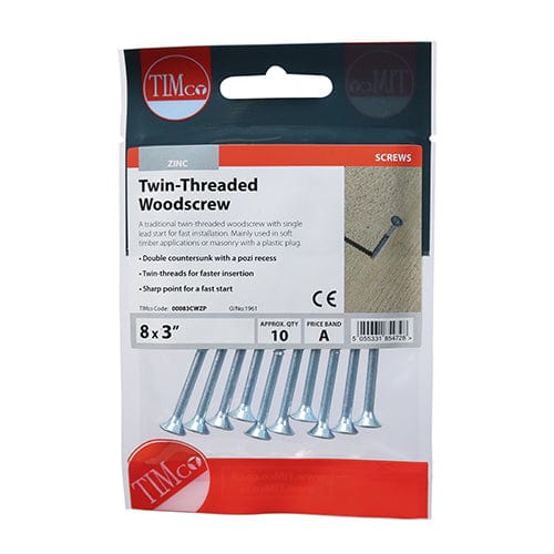 TIMCO Screws 8 x 3 / 10 / TIMpac TIMCO Twin-Threaded Countersunk Silver Woodscrews