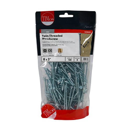 TIMCO Screws 8 x 3 / 180 / TIMbag TIMCO Twin-Threaded Countersunk Silver Woodscrews
