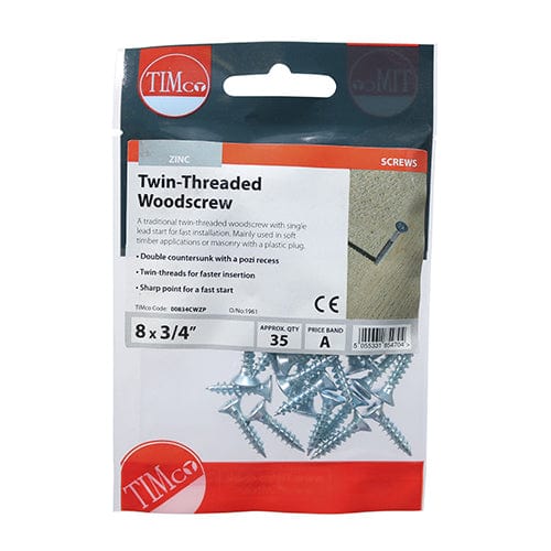 TIMCO Screws 8 x 3/4 / 35 / TIMpac TIMCO Twin-Threaded Countersunk Silver Woodscrews