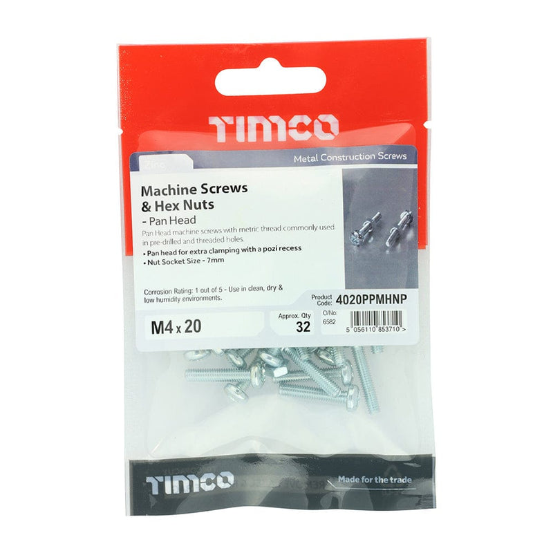 TIMCO Screws M4 x 20 / 32 TIMCO Machine Pan Head Screws & Hex Nut Silver