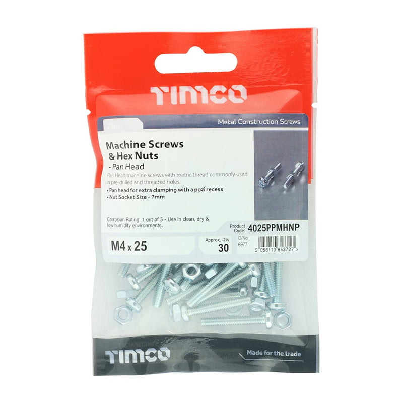 TIMCO Screws M4 x 25 / 30 TIMCO Machine Pan Head Screws & Hex Nut Silver