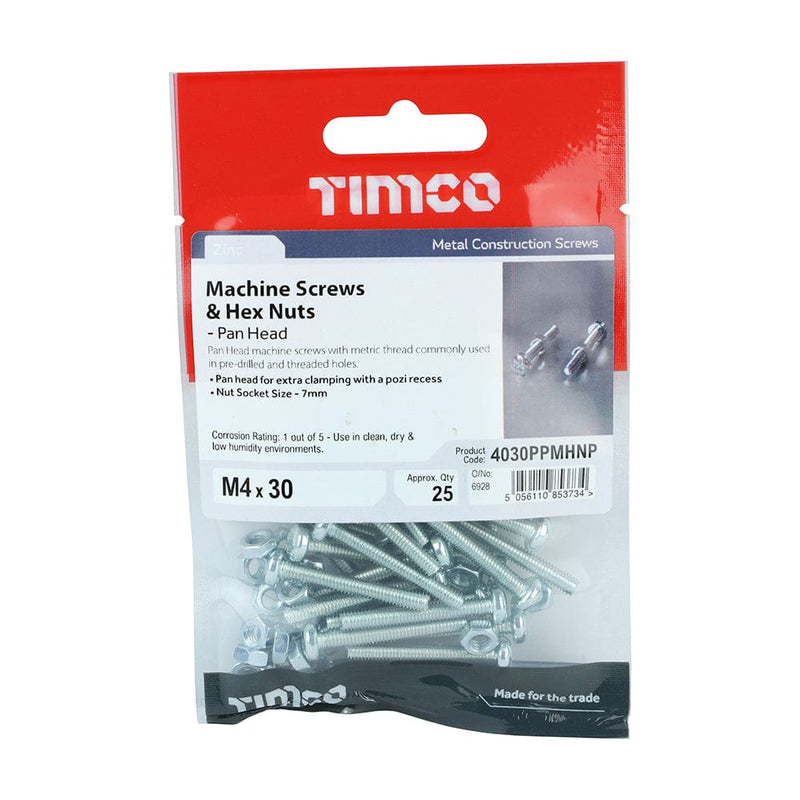 TIMCO Screws M4 x 30 / 25 TIMCO Machine Pan Head Screws & Hex Nut Silver