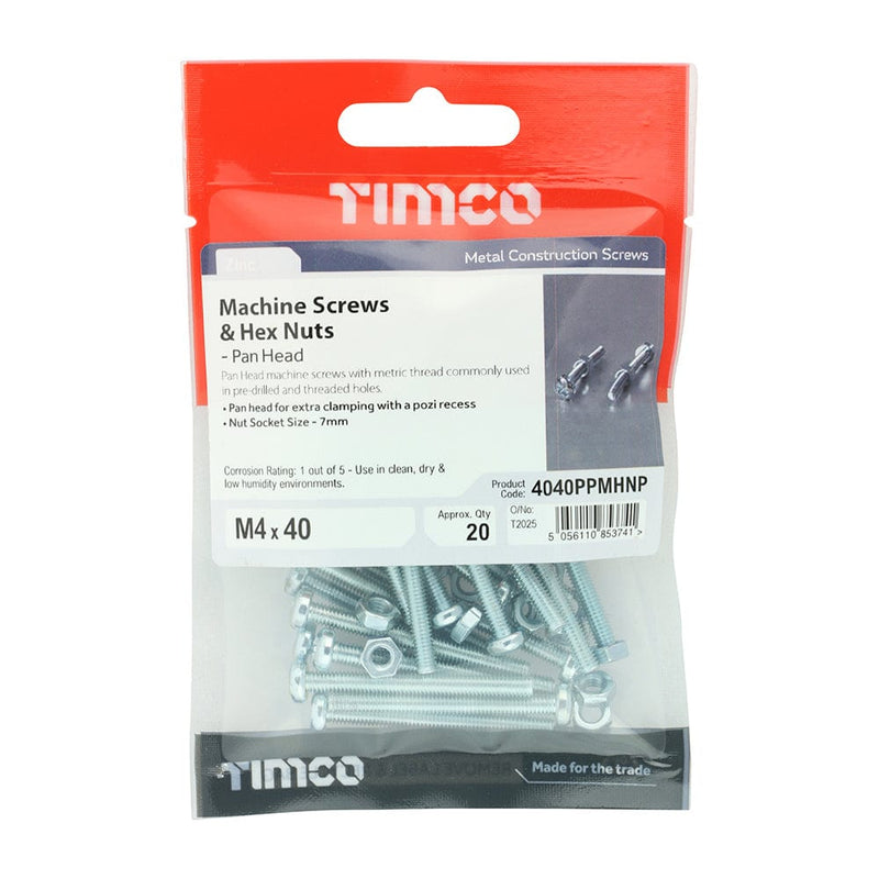 TIMCO Screws M4 x 40 / 20 TIMCO Machine Pan Head Screws & Hex Nut Silver